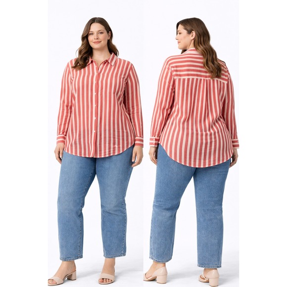 Universal Thread Tops - Universal Thread Relaxed Fit Striped Gauze Button Down Shirt Coral White XL NEW